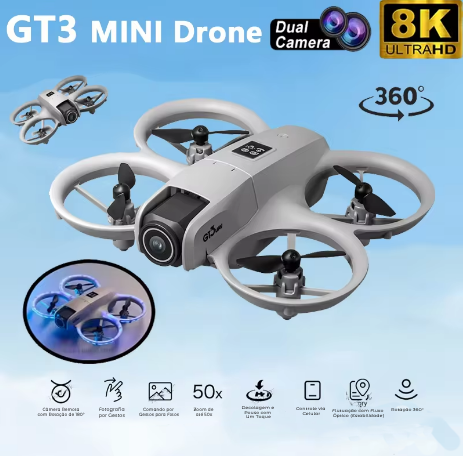 Drone GT3 Mini 8K com Câmera Dupla Inteligente - Evita Obstáculos, Fotografia Aérea e Posicionamento Óptico para Iniciantes